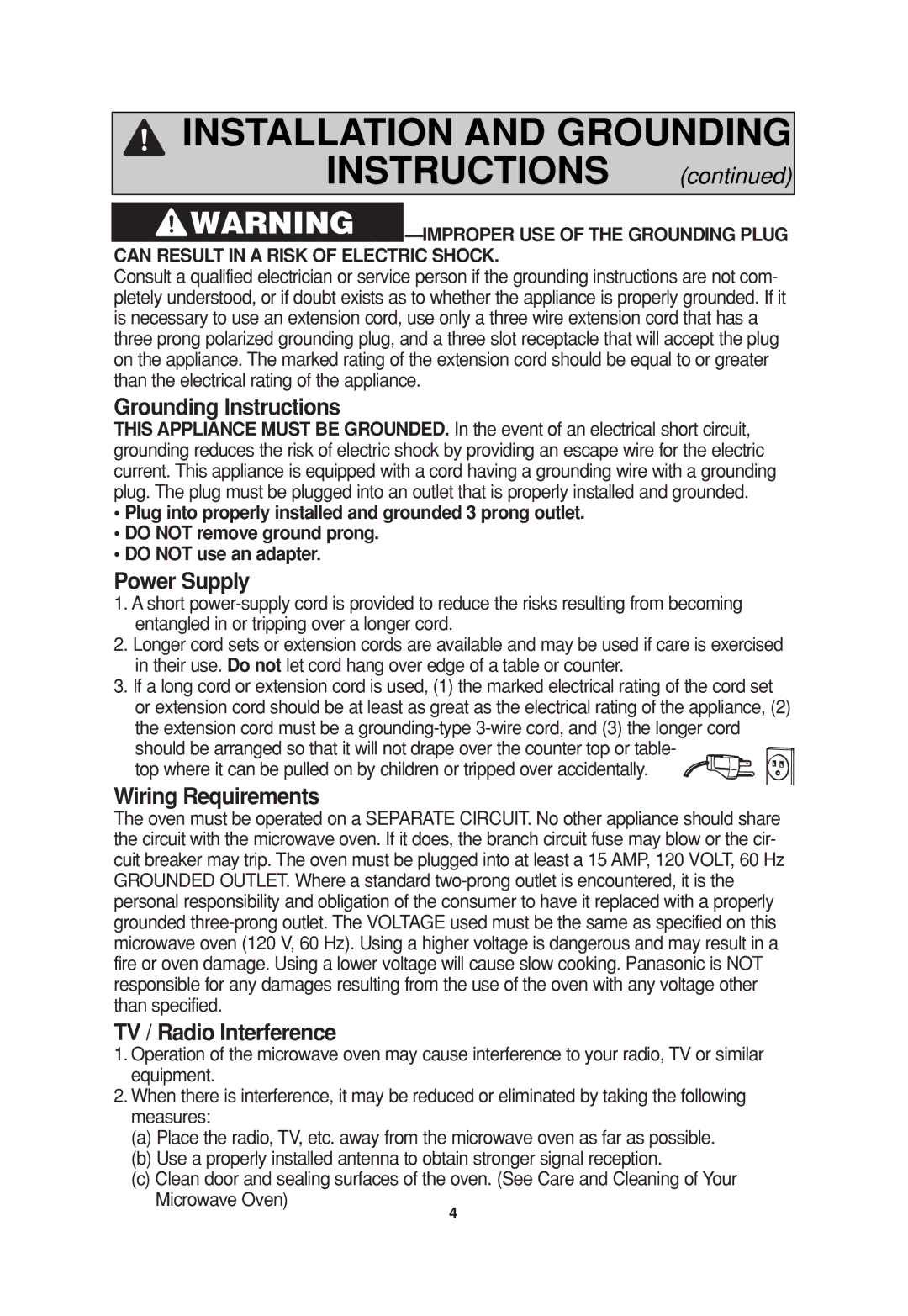 Panasonic NN-SD377 Grounding Instructions, Power Supply, Wiring Requirements, TV / Radio Interference 