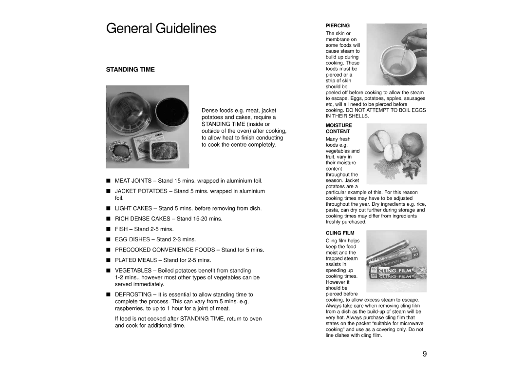 Panasonic NN-SD456, NN-SD446, NN-SD466 manual General Guidelines, Piercing, Moisture Content, Cling Film 