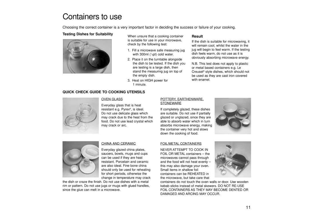 Panasonic NN-SD466, NN-SD446, NN-SD456 manual Containers to use, Testing Dishes for Suitability 