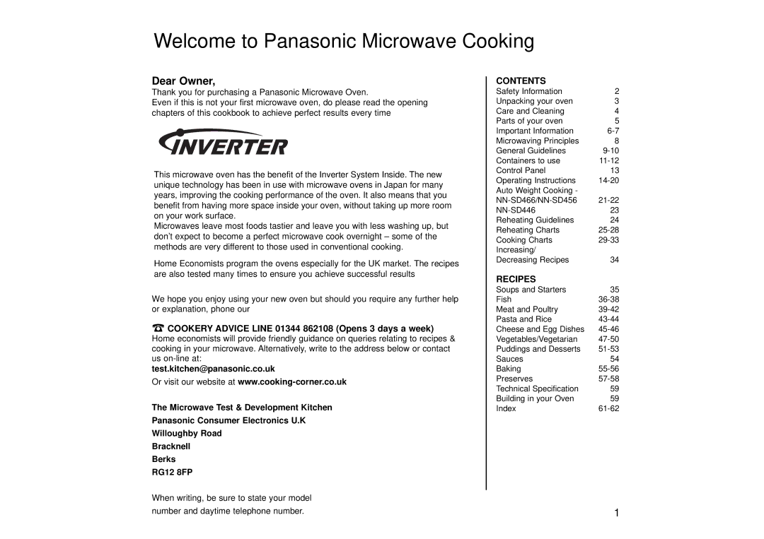 Panasonic NN-SD446, NN-SD466, NN-SD456 manual Welcome to Panasonic Microwave Cooking, Dear Owner 