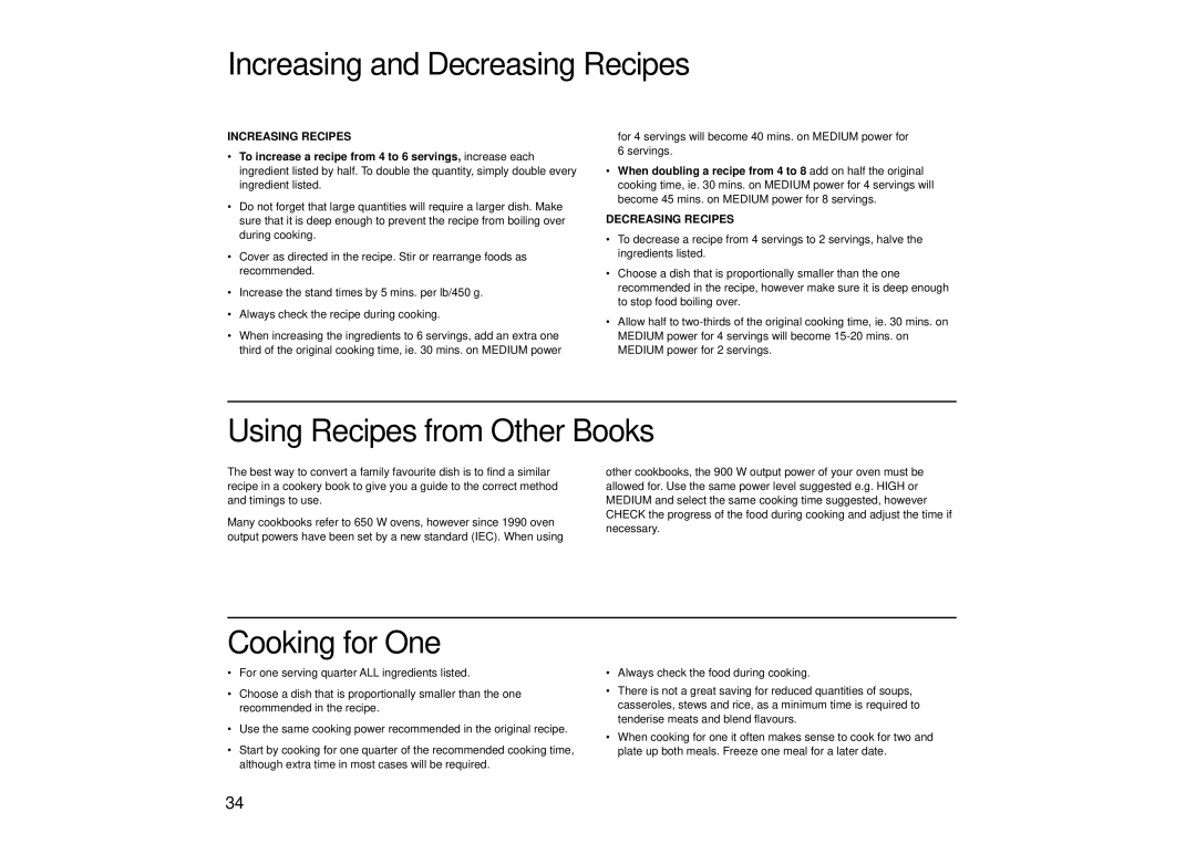 Panasonic NN-SD446 Increasing and Decreasing Recipes, Using Recipes from Other Books, Cooking for One, Increasing Recipes 