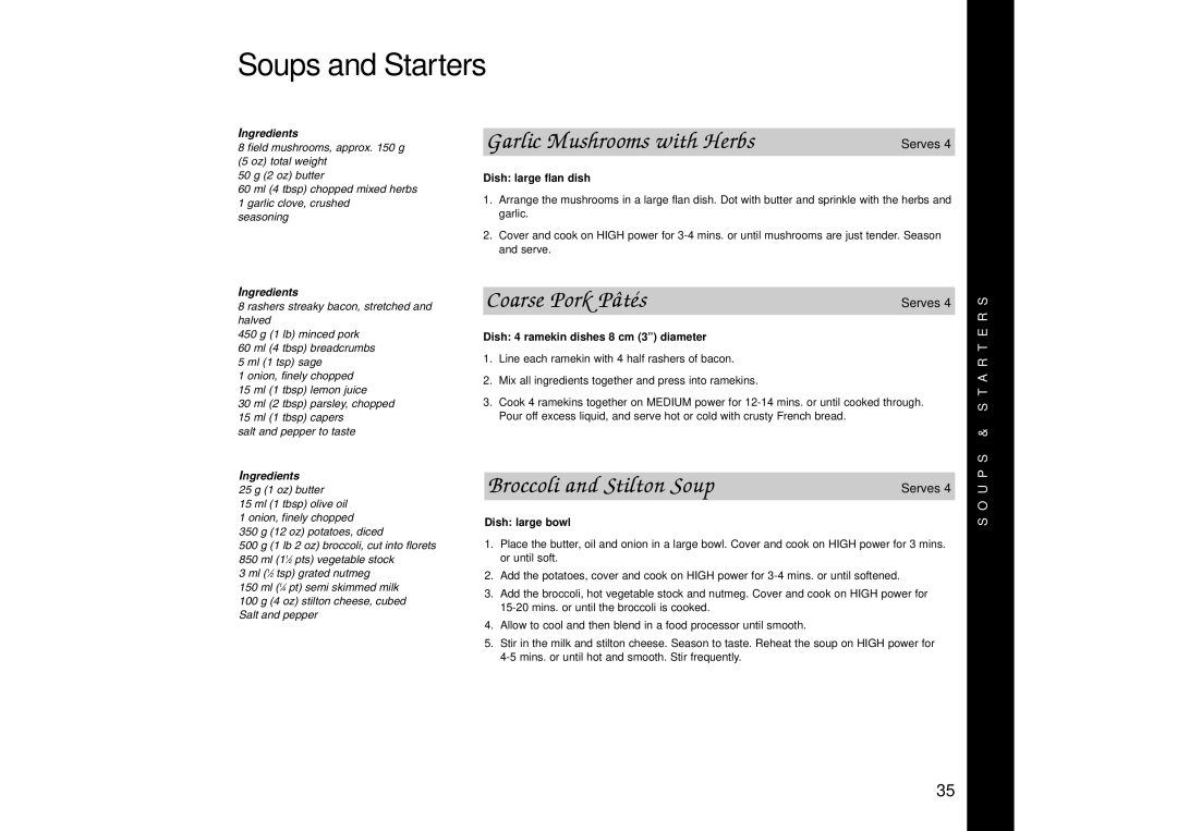 Panasonic NN-SD466, NN-SD446 Soups and Starters, Garlic Mushrooms with Herbs, Coarse Pork Pâtés, Broccoli and Stilton Soup 