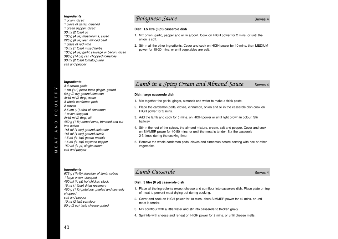 Panasonic NN-SD446 manual Bolognese Sauce, Lamb Casserole, Dish 1.5 litre 3 pt casserole dish, Dish large casserole dish 