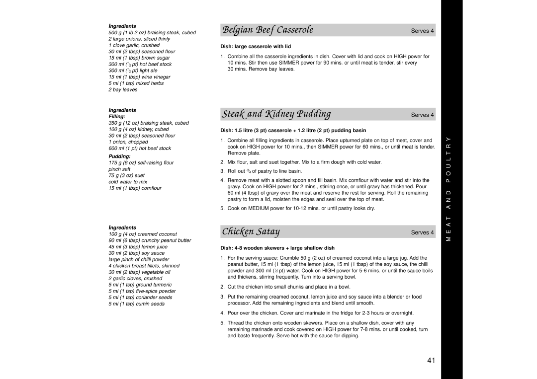 Panasonic NN-SD466, NN-SD446, NN-SD456 Belgian Beef Casserole, Steak and Kidney Pudding, Chicken Satay, Ingredients Filling 