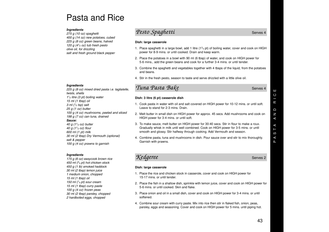 Panasonic NN-SD446, NN-SD466, NN-SD456 manual Pasta and Rice, Pesto Spaghetti, Tuna Pasta Bake, Kedgeree 