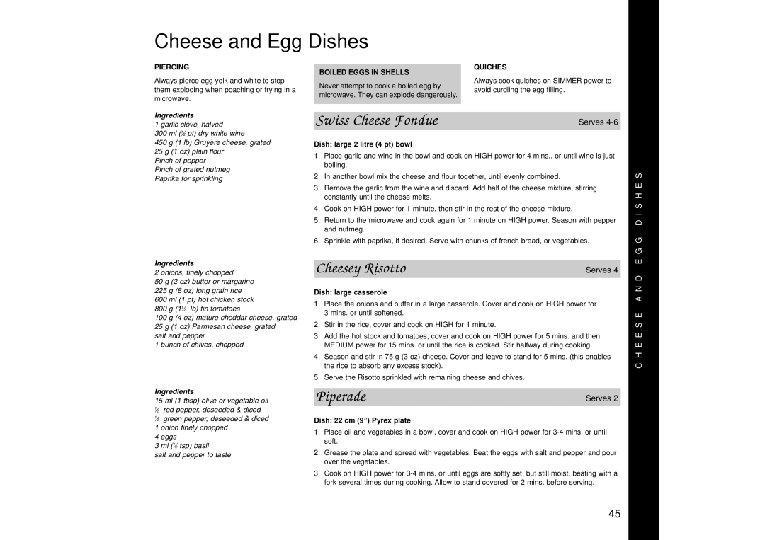 Panasonic NN-SD456, NN-SD446, NN-SD466 manual Cheese and Egg Dishes, Swiss Cheese Fondue, Cheesey Risotto, Piperade 