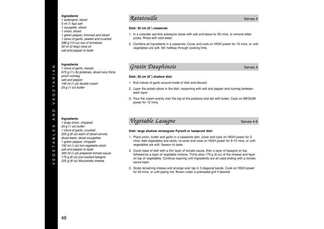 Panasonic NN-SD456, NN-SD446, NN-SD466 manual Ratatouille, Gratin Dauphinois, Vegetable Lasagne, Dish 20 cm 8 shallow dish 