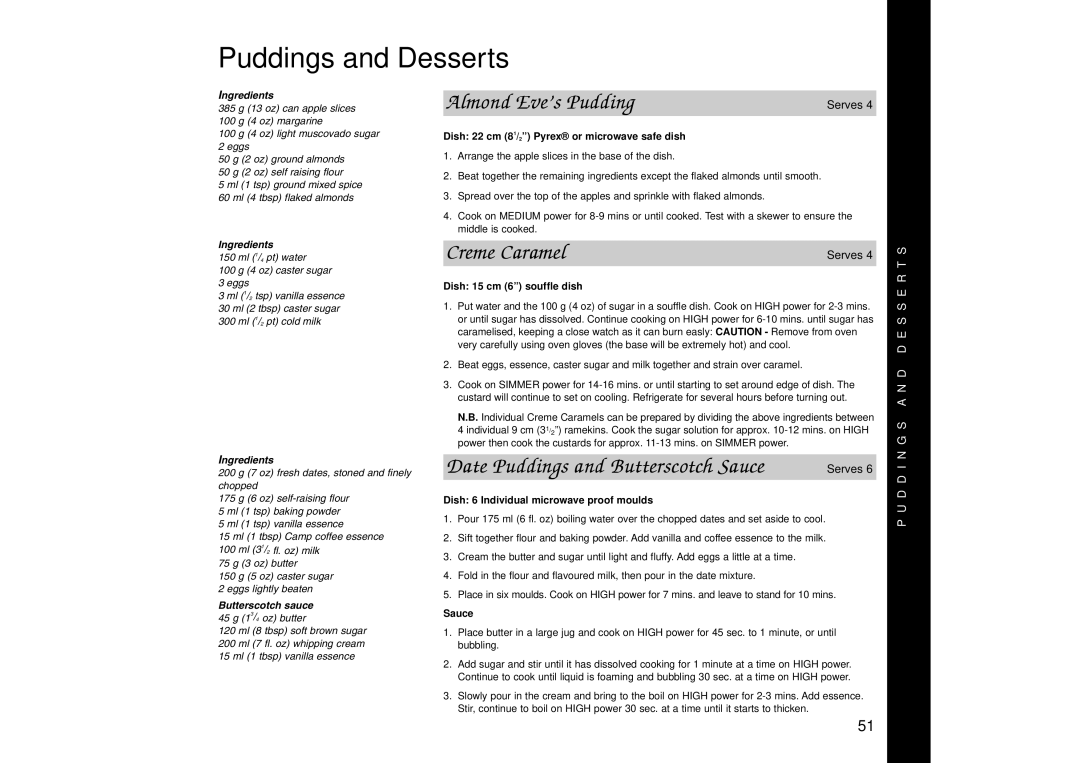 Panasonic NN-SD456 manual Puddings and Desserts, Almond Eve’s Pudding, Creme Caramel, Date Puddings and Butterscotch Sauce 