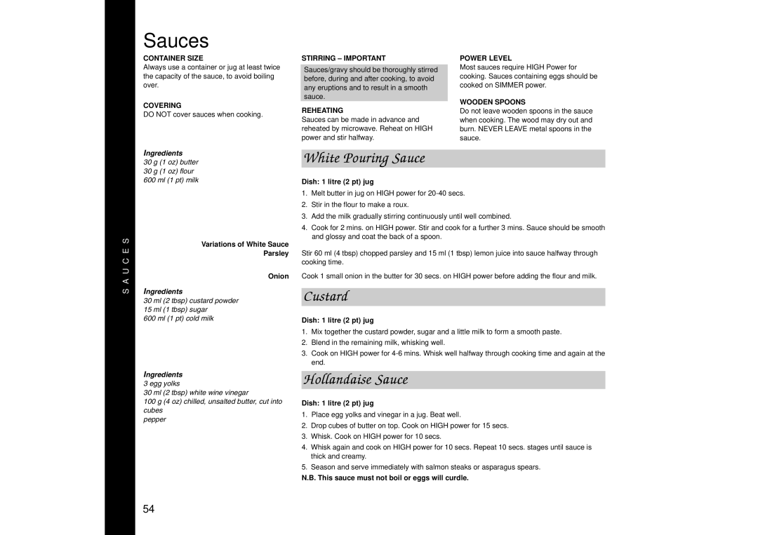 Panasonic NN-SD456, NN-SD446, NN-SD466 manual Sauces, White Pouring Sauce, Custard, Hollandaise Sauce 