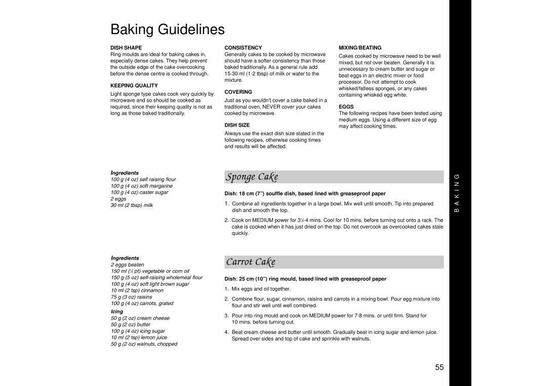 Panasonic NN-SD446, NN-SD466, NN-SD456 manual Baking Guidelines, Sponge Cake, Carrot Cake, Icing 