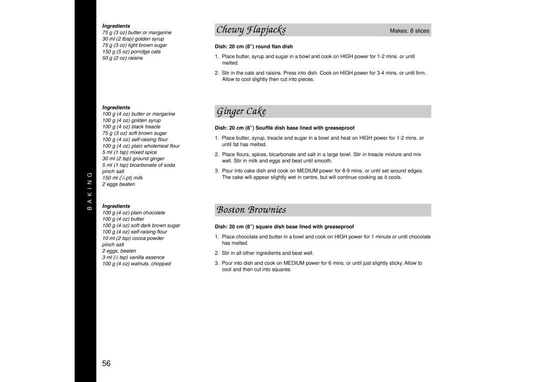 Panasonic NN-SD466, NN-SD446, NN-SD456 manual Chewy Flapjacks, Ginger Cake, Boston Brownies 