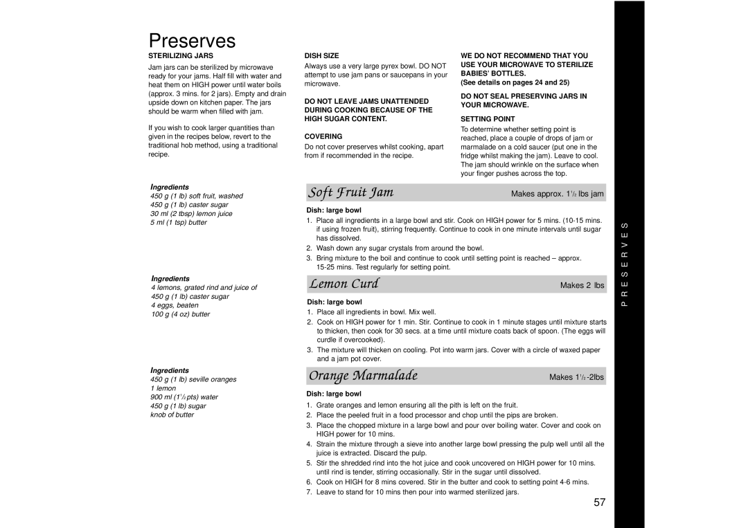 Panasonic NN-SD456, NN-SD446, NN-SD466 manual Preserves, Soft Fruit Jam, Lemon Curd, Orange Marmalade 