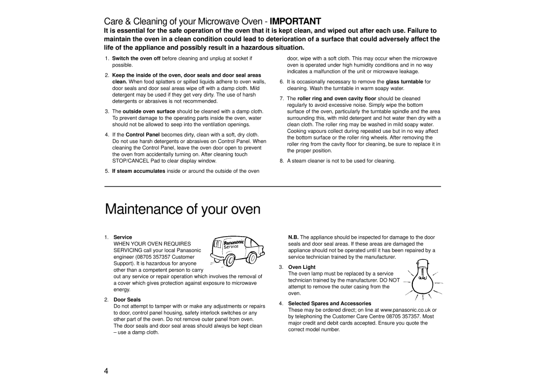 Panasonic NN-SD446, NN-SD466 Maintenance of your oven, Service, Door Seals, Oven Light, Selected Spares and Accessories 