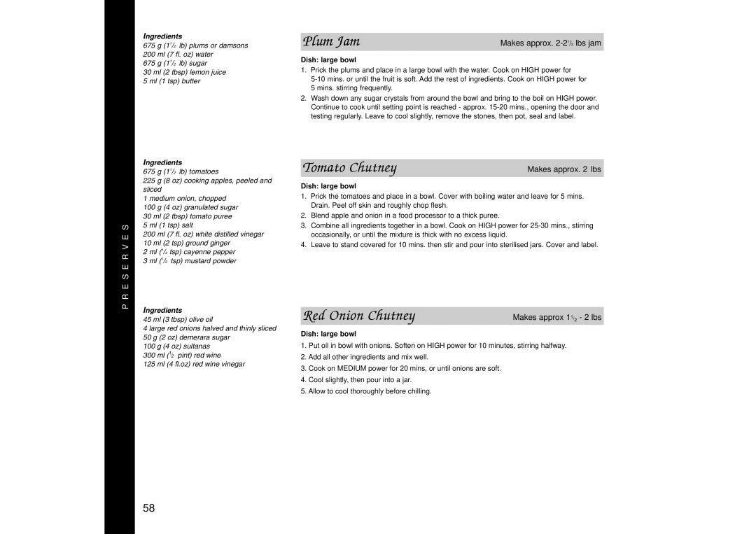 Panasonic NN-SD446, NN-SD466, NN-SD456 manual Plum Jam, Tomato Chutney, Red Onion Chutney 