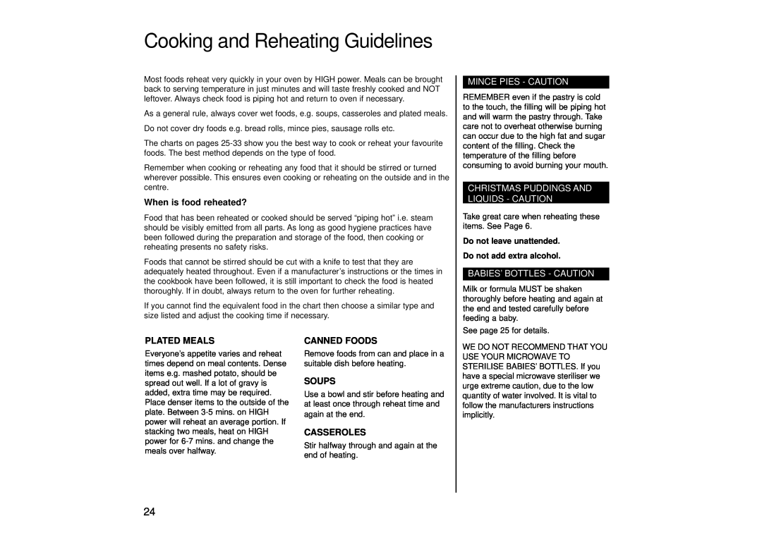 Panasonic NN-SD456 Cooking and Reheating Guidelines, When is food reheated?, Mince Pies - Caution, Plated Meals, Soups 