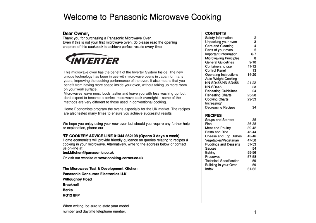 Panasonic NN-SD446 Welcome to Panasonic Microwave Cooking, Dear Owner, test.kitchen@panasonic.co.uk, Contents, Recipes 