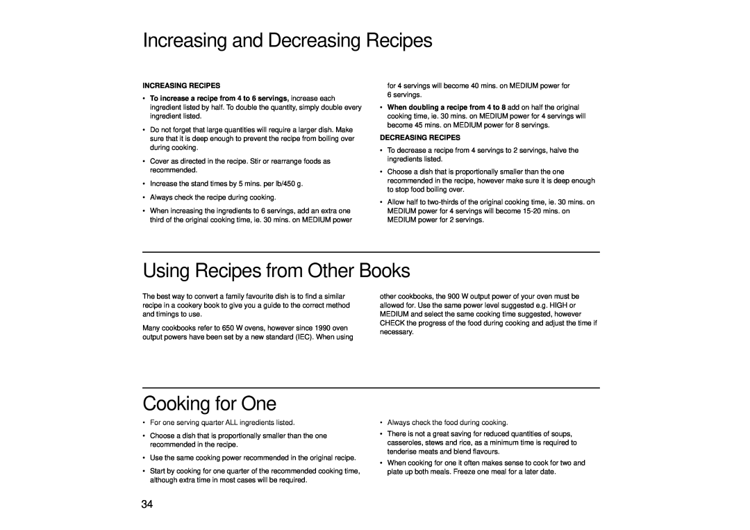 Panasonic NN-SD446 Increasing and Decreasing Recipes, Using Recipes from Other Books, Cooking for One, Increasing Recipes 
