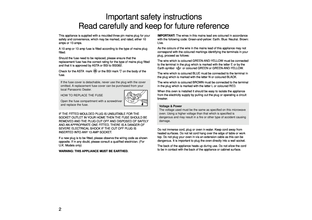 Panasonic NN-SD466, NN-SD446 Important safety instructions, Read carefully and keep for future reference, Voltage & Power 