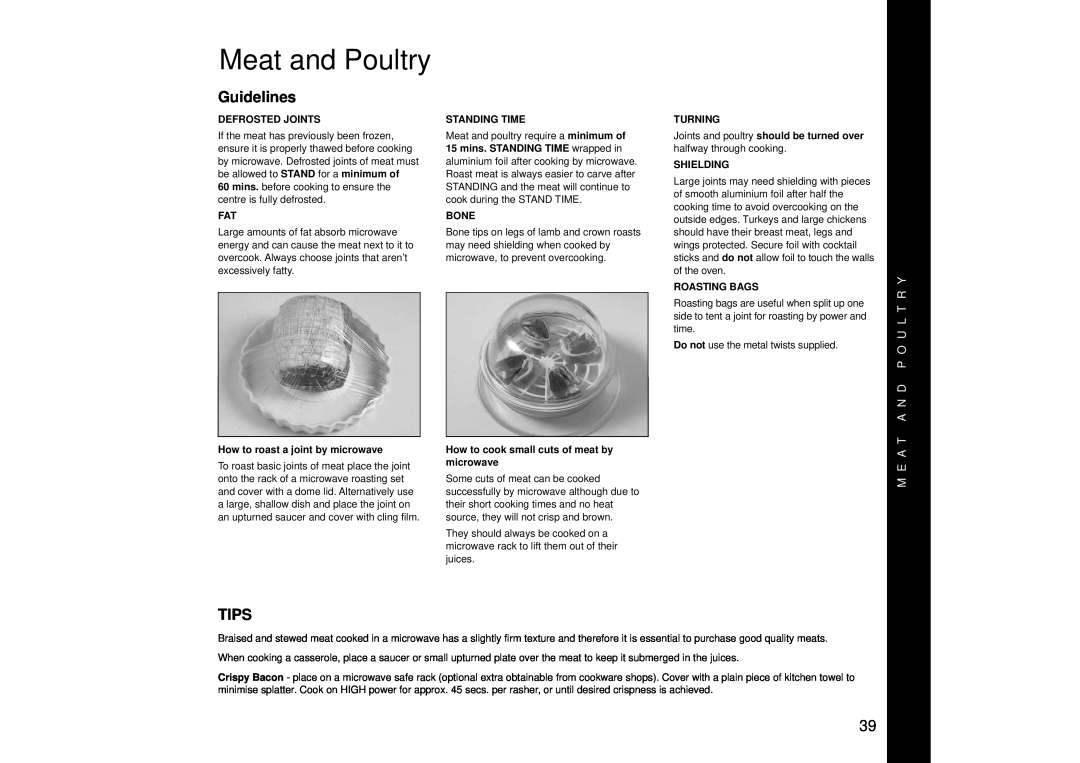 Panasonic NN-SD456 Meat and Poultry, Guidelines, Tips, M E A T A N D P O U L T R Y, Defrosted Joints, Standing Time, Bone 