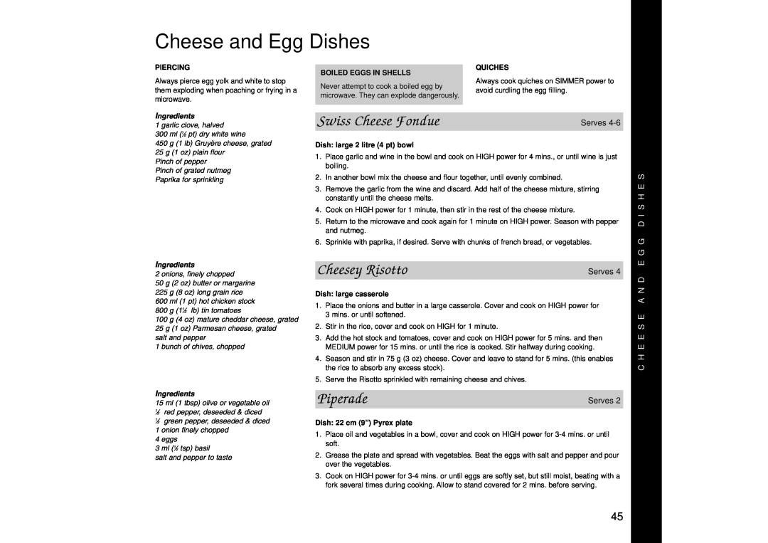 Panasonic NN-SD456 manual Cheese and Egg Dishes, Swiss Cheese Fondue, Cheesey Risotto, Piperade, G G D I S H E S, Piercing 