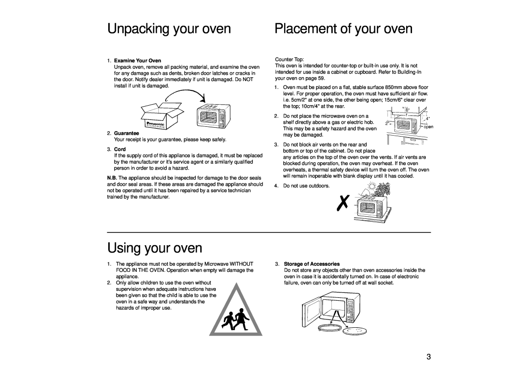 Panasonic NN-SD456 manual Unpacking your oven, Using your oven, Placement of your oven, Examine Your Oven, Guarantee, Cord 