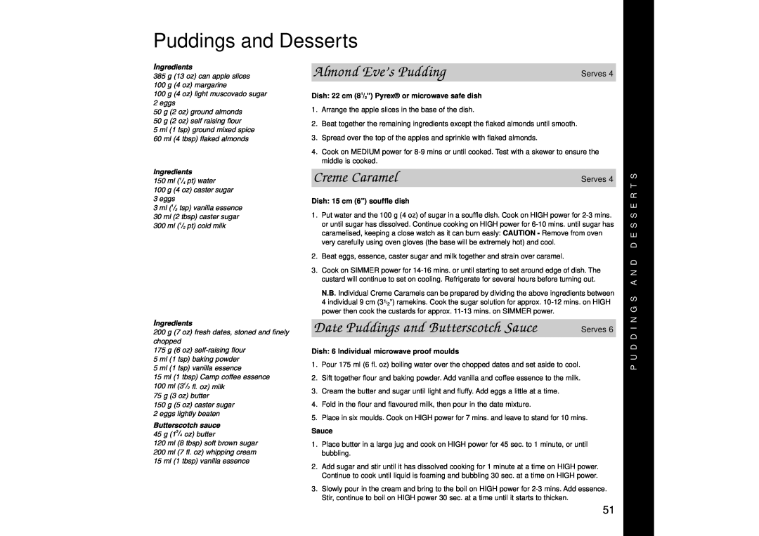 Panasonic NN-SD456 manual Puddings and Desserts, Almond Eve’s Pudding, Creme Caramel, Date Puddings and Butterscotch Sauce 