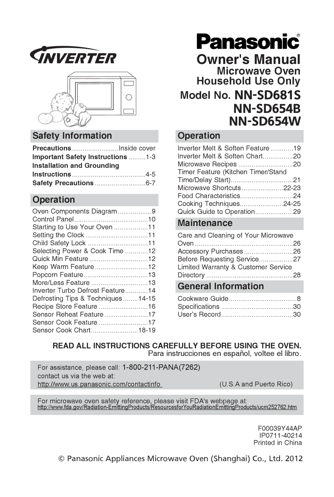 Panasonic NN-SD681S, NN-SD654W, NN-SD654B warranty Safety information, Operation, Maintenance, General information 