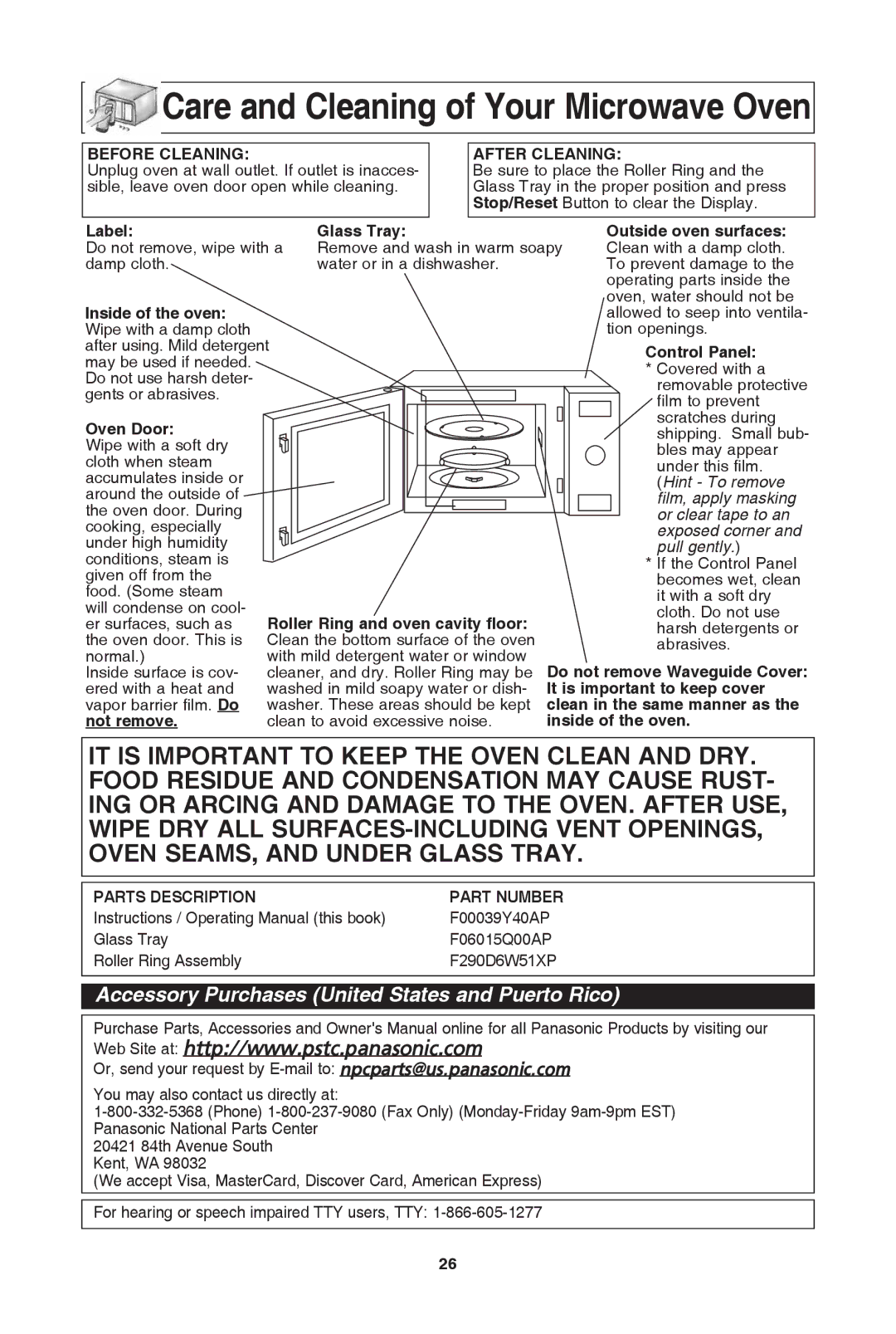 Panasonic NN-SD681S, NN-SD654W, NN-SD654B warranty Care and cleaning of your Microwave oven 