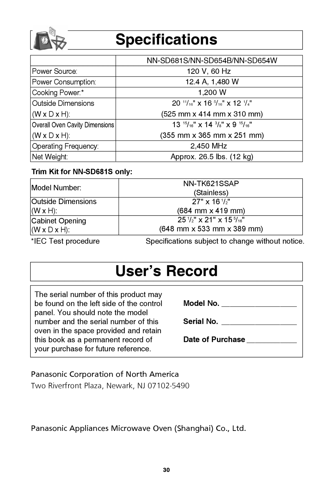 Panasonic NN-SD654B, NN-SD654W, NN-SD681S warranty Specifications, User’s record 