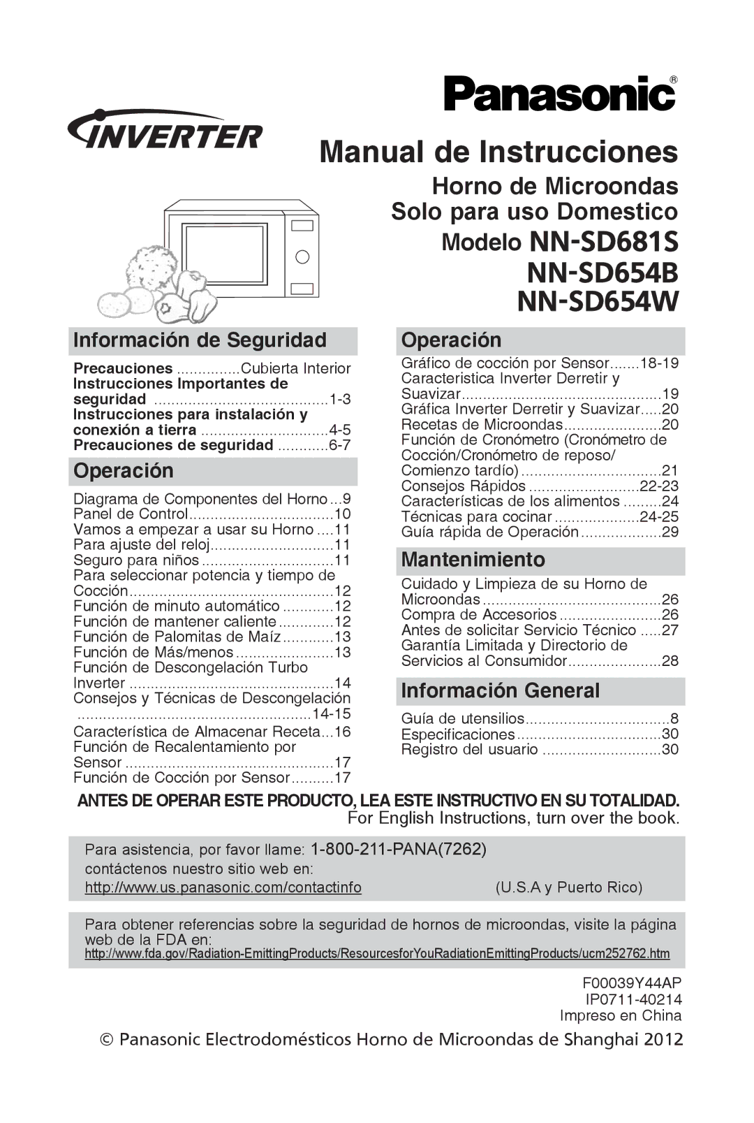 Panasonic NN-SD654W Manual de instrucciones, Información de seguridad, Operación, Mantenimiento, Información general 