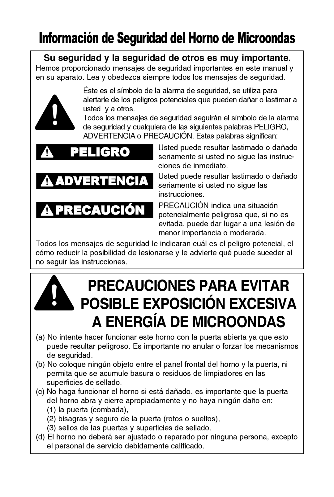 Panasonic NN-SD681S, NN-SD654W, NN-SD654B warranty Información de Seguridad del Horno de Microondas 