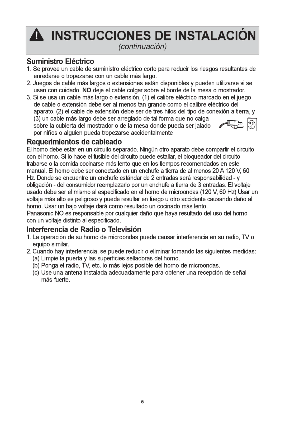 Panasonic NN-SD654W, NN-SD681S Suministro eléctrico, Requerimientos de cableado, Interferencia de radio o Televisión 