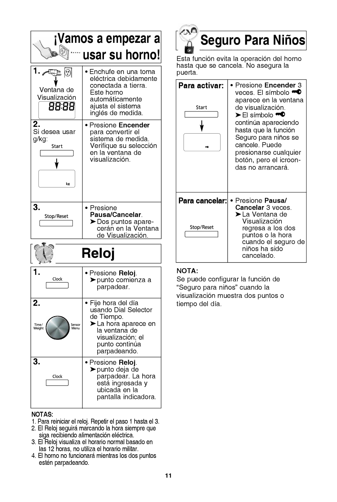 Panasonic NN-SD654W, NN-SD681S, NN-SD654B warranty Reloj, Seguro Para niños, Notas, Para cancelar Cancelar 3 veces 