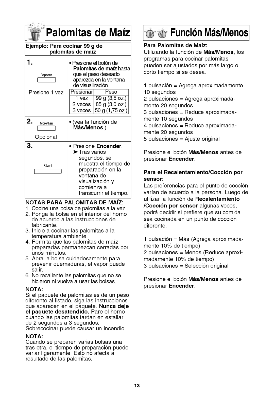 Panasonic NN-SD654B, NN-SD654W, NN-SD681S warranty Palomitas de Maíz 