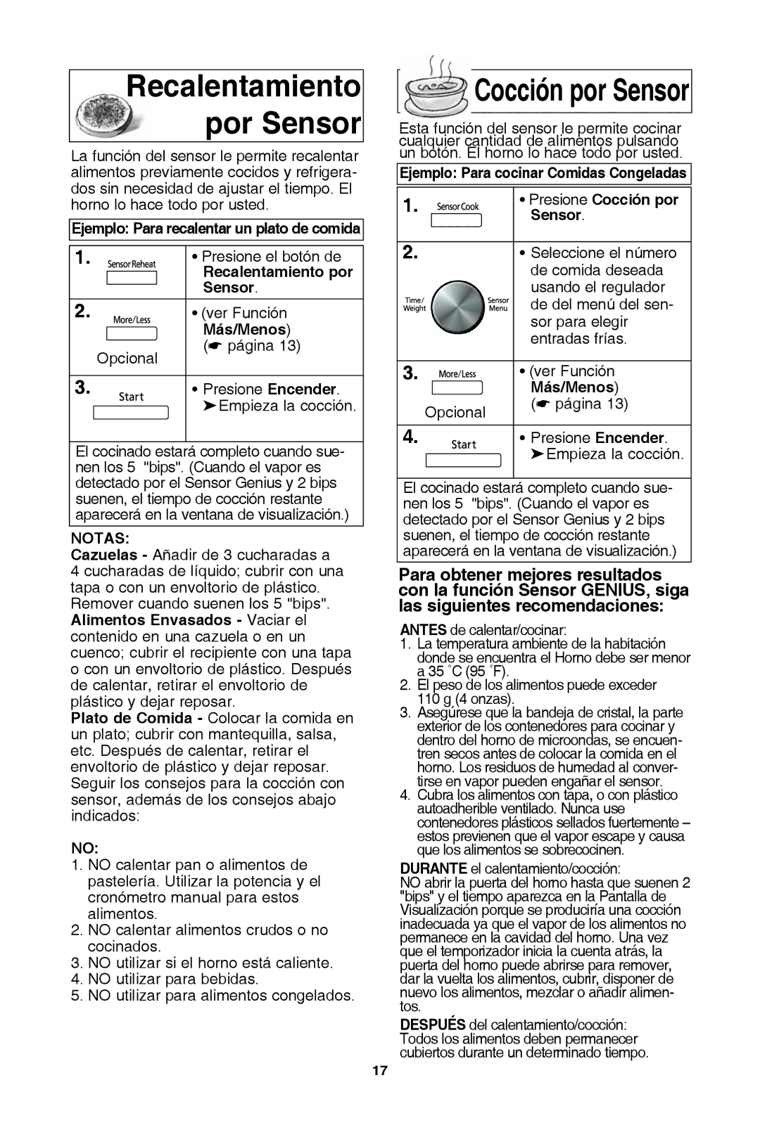 Panasonic NN-SD654W, NN-SD681S Cocción por sensor, Ejemplo Para recalentar un plato de comida, Recalentamiento por Sensor 