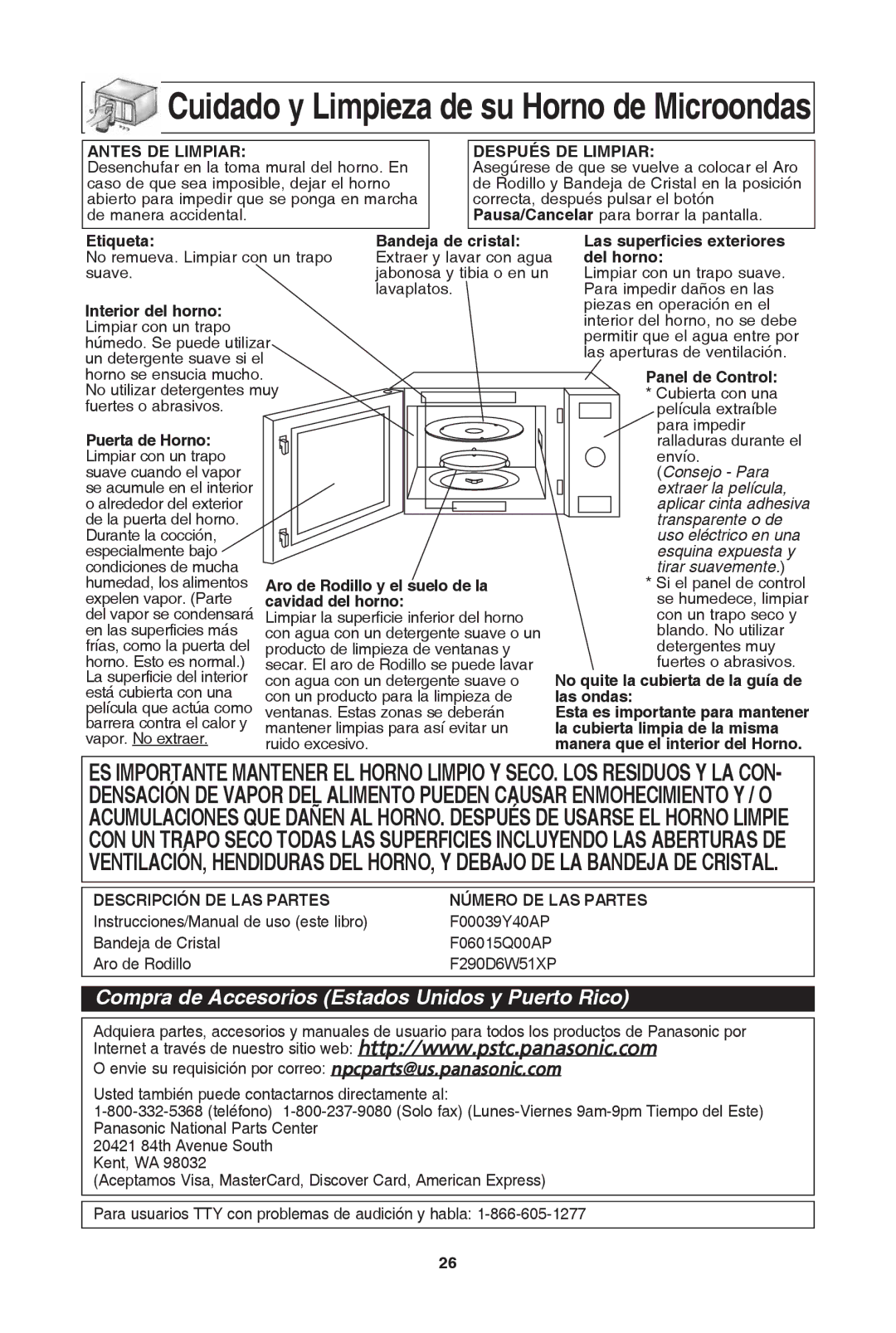 Panasonic NN-SD654W, NN-SD681S, NN-SD654B warranty Cuidado y limpieza de su horno de Microondas 