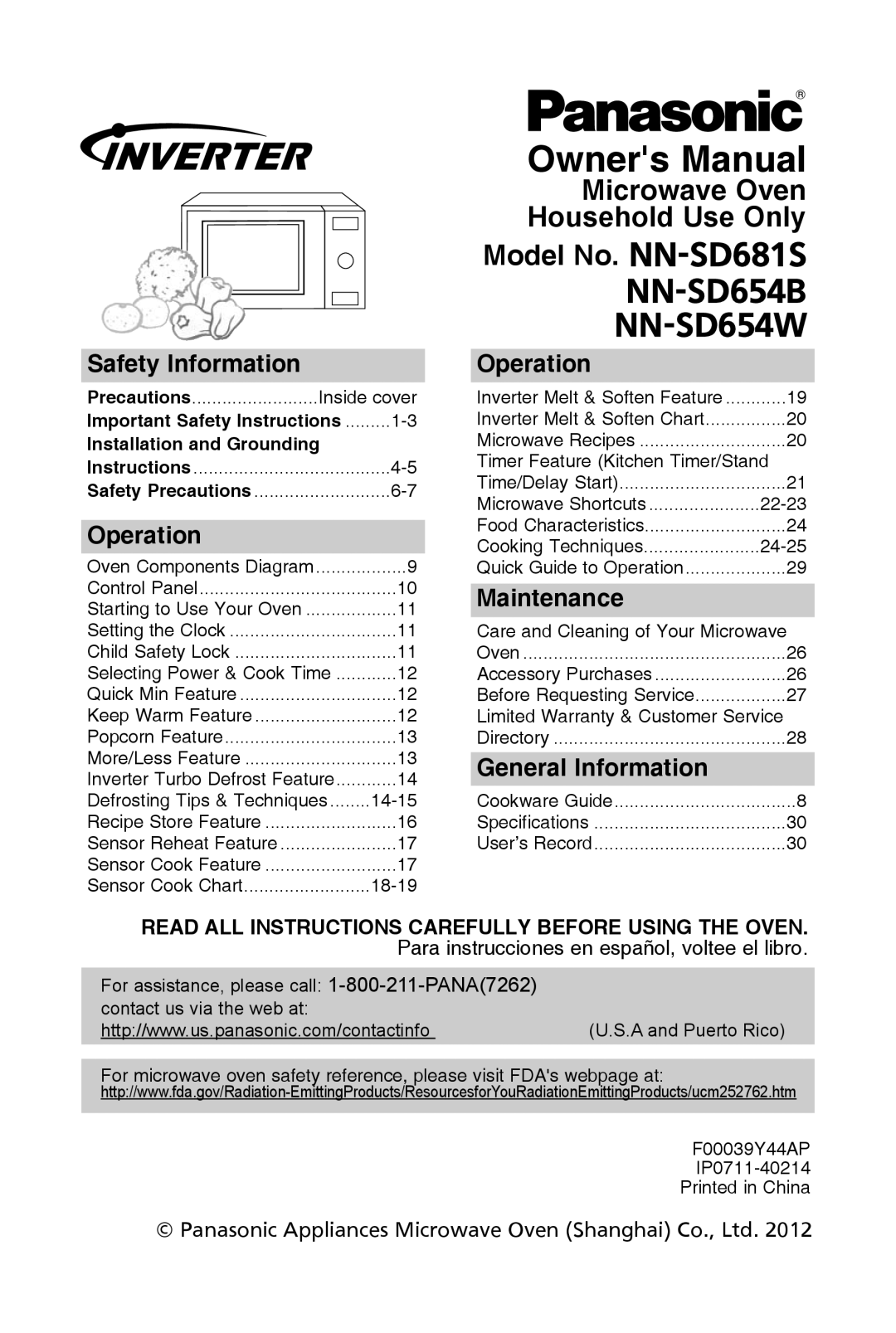 Panasonic warranty Model no. NN-SD681S, NN-SD654B, NN-SD654W, safety information, operation, Maintenance 