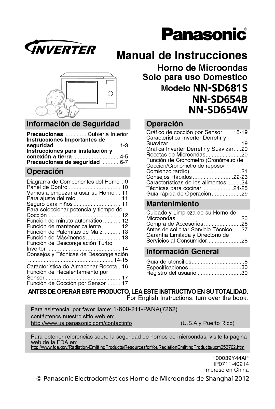 Panasonic NN-SD654W Manual de instrucciones, horno de Microondas, información de seguridad, operación, Mantenimiento 