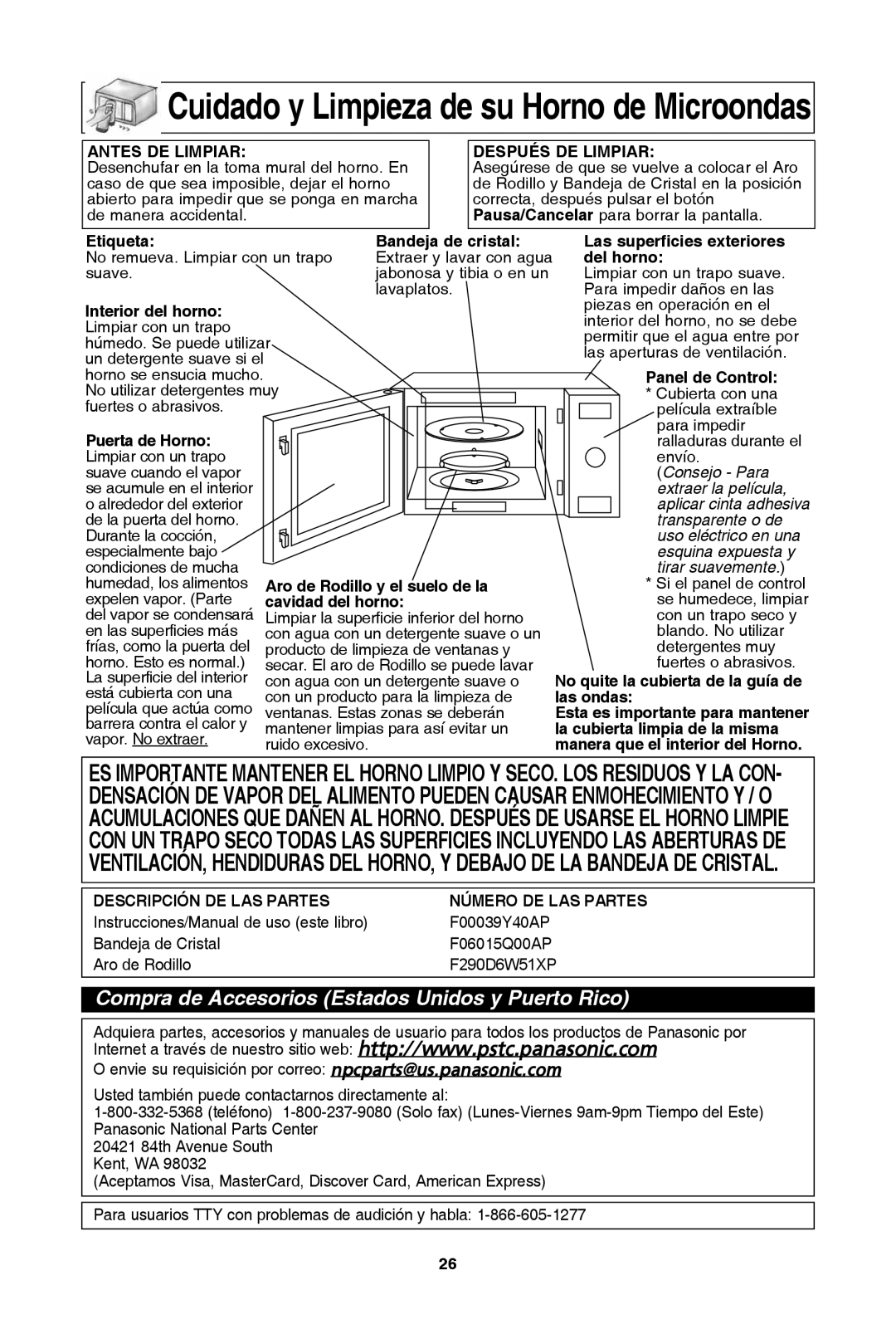 Panasonic NN-SD654W cuidado y limpieza de su horno de Microondas, Compra de Accesorios Estados Unidos y Puerto rico 
