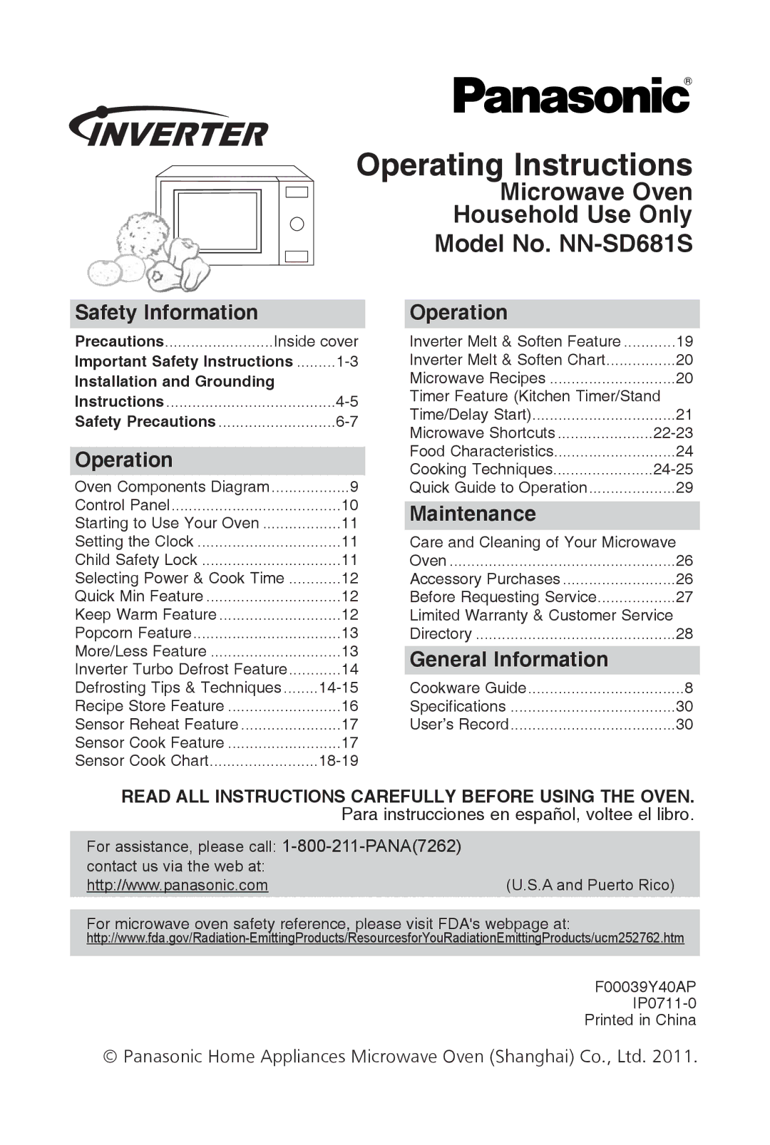 Panasonic NN-SD681S warranty Operating instructions, Safety information, Operation, Maintenance, General information 