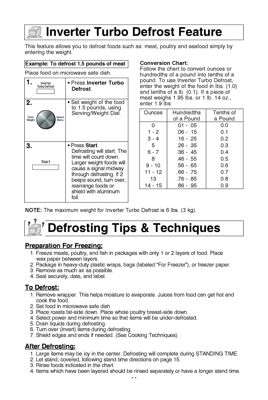 Panasonic NN-SD681S warranty Inverter turbo defrost feature, Defrosting tips & techniques 