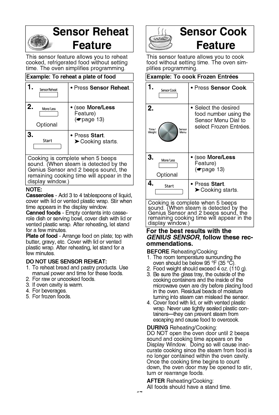 Panasonic NN-SD681S warranty Sensor reheat feature, Sensor cook feature, Example to cook frozen entrées Press sensor cook 