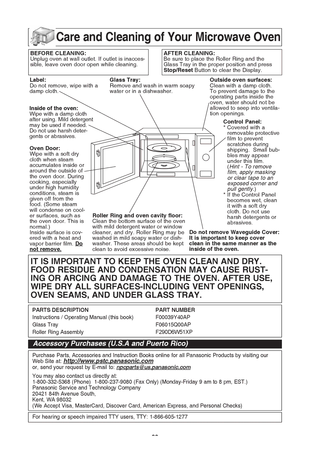 Panasonic NN-SD681S warranty Care and cleaning of your Microwave oven 