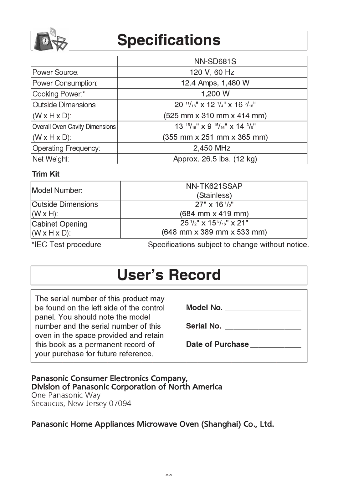 Panasonic NN-SD681S warranty Specifications, User’s record 