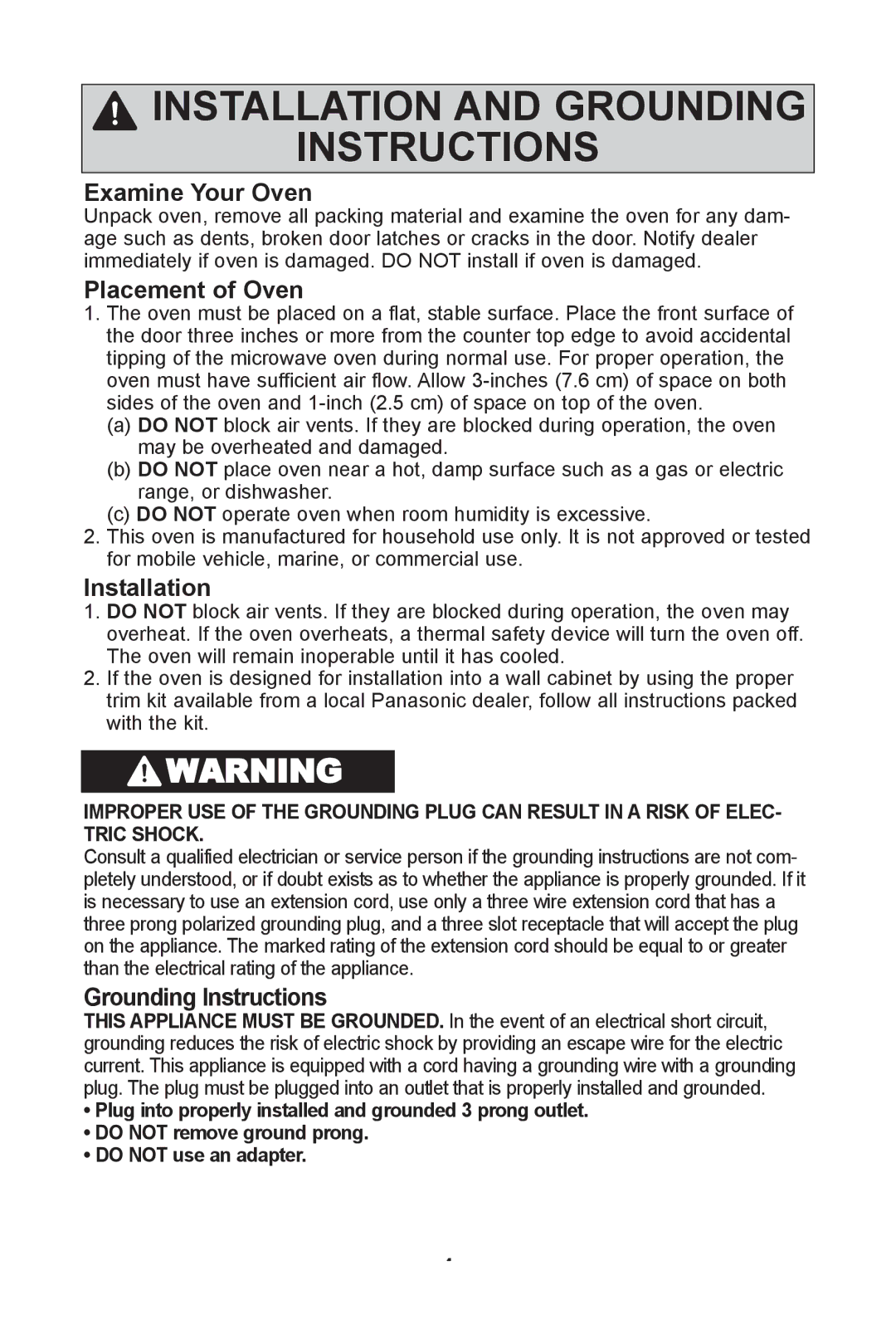 Panasonic NN-SD681S warranty InSTaLLaTIOn anD grOUnDIng InSTrUcTIOnS, Examine your Oven, Placement of Oven, Installation 