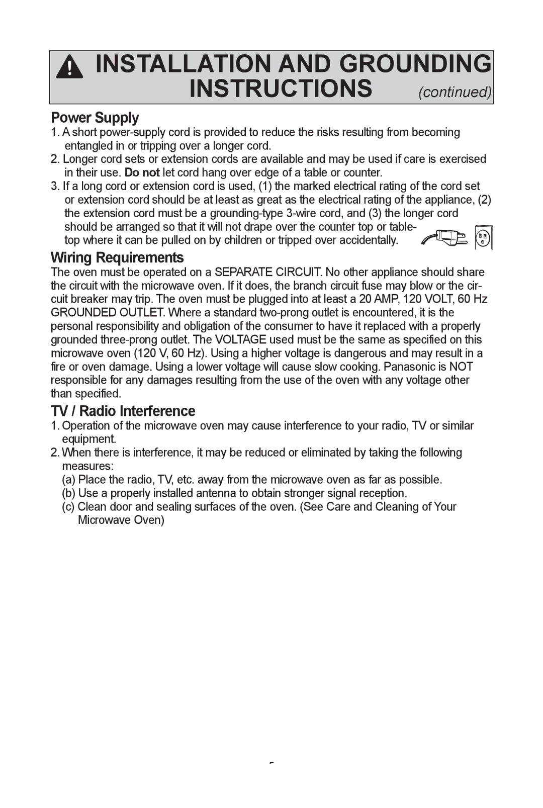 Panasonic NN-SD681S warranty Power Supply, Wiring requirements, TV / radio Interference 