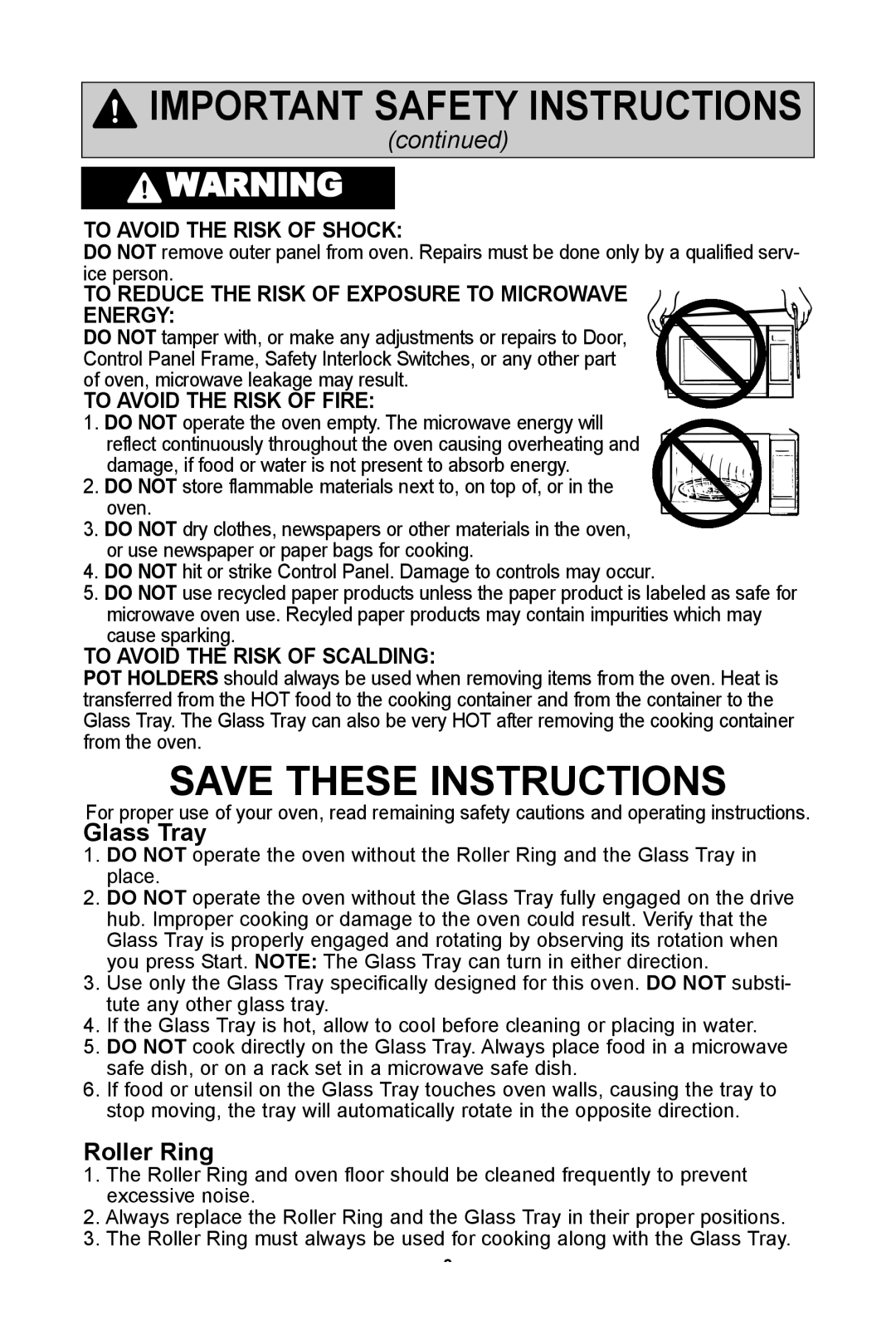 Panasonic NN-SD681S SaVe THeSe InSTrUcTIOnS, roller ring, TO aVOID THe rISK Of SHOcK, TO aVOID THe rISK Of fIre, continued 