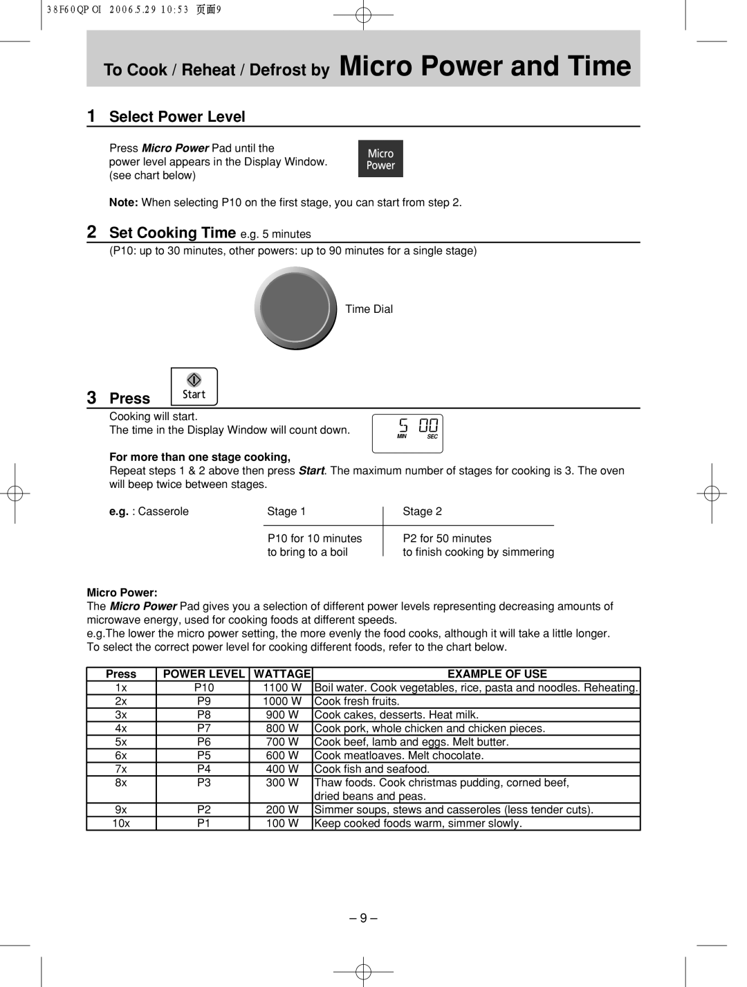 Panasonic nn-sd686s manual Set Cooking Time e.g minutes, To!Cook!!!!/ !Reheat! / Defrost by Micro Power and Time 