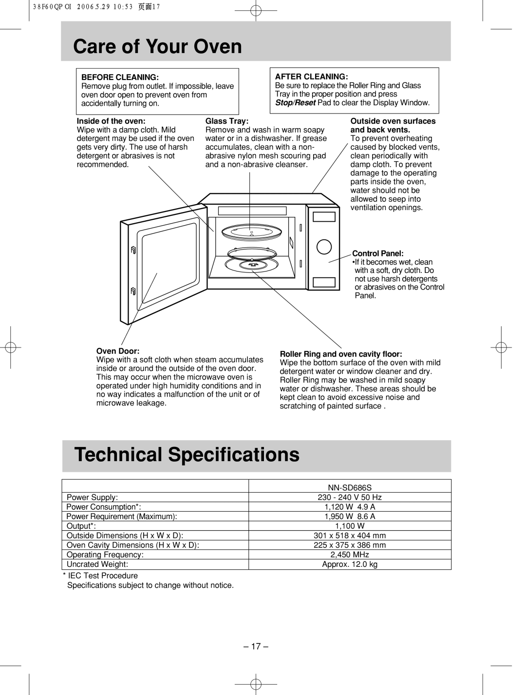 Panasonic nn-sd686s manual Care!!!!!of! Your Oven, Technical Specifications, Before Cleaning, After Cleaning 