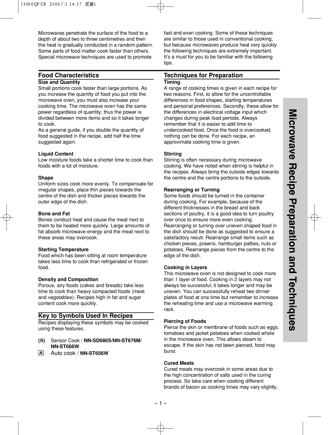 Panasonic nn-sd686s Microwave Recipe Preparation and Techniques, Food Characteristics, Key to Symbols Used In Recipes 